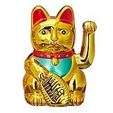 Relaxdays Maneki Neko Winkekatze, Glücksbringer, 16 cm, gold