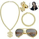 4 Stück Dollar Zeichen Halskette Ringe Sonnenbrille Goldkette Set,...