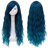 Perücke Blau Damen Lang Locken für Frauen mit Pony Ombre...
