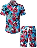JOGAL Herren Blumen Kurzarm Baumwolle Hawaii Hemd Shorts Set Medium...