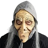 CreepyParty Alte Hexenmaske mit Haaren und Kopftuch Realistische...