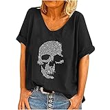 Masrin Damen Sommer Tops Lässiges T-Shirt mit Totenkopf-Strass-Motiv...