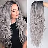 ColorfulPanda Perücke Grau Damen Ombre Silber Grau Lang Lockig...