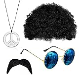 VIKSAUN Hippie Kostüm Set, Mode Afro Perücke, Sonnenbrille, Frieden...