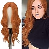 FESHFEN Lange Lockige Wellig Orange Perücke, 55 cm Mittelscheitel...