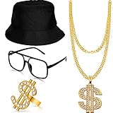 Gejoy Hip Hop Kostüm Kit Eimer Hut Sonnenbrille Gold Kette Ring 80/...