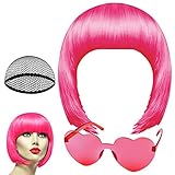 PLULON Peach Pink Bob Perücke und Sonnenbrille Set, Neon Kurz Bob...