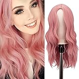 FESHFEN Lange Lockige Rosa Perücke, 55 cm Mittelscheitel Frauen...