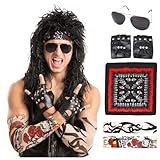 Men's Black Rocker Wig Set Long Curly Halloween Wig for Adults 80’s...