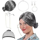 DASIAUTOEM Old Lady Kostüm Set, 7tlg Oma Perücke Kostüm,...