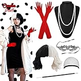 CHMMY Cruella Kostüm Damen Halloween Kostüm Damen Set 70er Jahre...