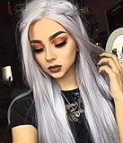 Perücke Damen Grau Lang Glatt Gerade Lace Front Perücken für...