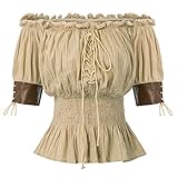 Viktorianische Schulterfrei Smocked Taille Frauen Tops Khaki L