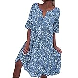 Maxikleid Damen Geschenke für Frauen Kurzarm V-Hals Knielang Blumen...