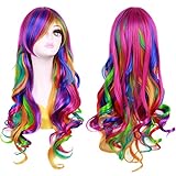 Ateid Damen Perücke Lockig Regenbogen 80cm + Haarnetz