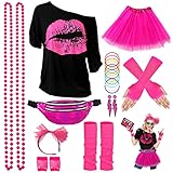 80er Jahre Outfit Damen Rosa Set, T-Shirt, Tutu, Gürteltasche,...