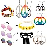 Hippie Kostüm Set Damen Herren, 12 Stück Hippie Accessoires, 70er...