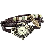 JewelryWe Damen Armbanduhr, Retro geflochten Leder Armband Armreif...