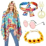 Hippie Kostüm Damen Set mit Hippie Poncho Damen und Zubehör Karneval...
