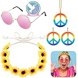 XCOZU Hippie Accessoires Kit, Hippie Brille Retro Runde Rosa...