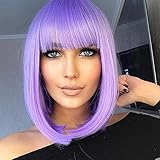 Perücke Bob Lila mit Pony für Damen Mädchen Kurze Gerade Bunte...