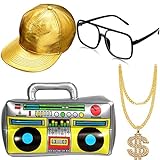 Hip Hop Kostüm Kit Hut Sonnenbrille Gold Kette 80s/ 90s Rapper...
