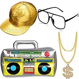 Hip Hop Kostüm Kit Hut Sonnenbrille Gold Kette 80s/ 90s Rapper...