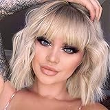 Perücke Blond mit Pony für Damen kurz Bob Locken Gewellte Perücken...
