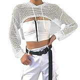 Zldhxyf Netzshirt Damen 80er Hohles Mesh Oberteile Langarm Crop Top...