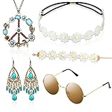 Hippie Kostüm Set mit Sonnenbrille, 5 Stück Hippie Kleidung Damen...