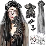 HOWAF Halloween Kostüm Damen Dia De Los Muertos Haarreif Schleier...
