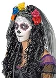 Day of The Dead Haarreif mit Schleier, Blumen und Totenkopf - Schwarz...