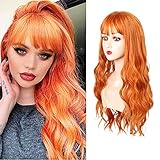 MEIRIYFA Lange gewellte Orange Perücke mit Pony für Damen Kostüm...