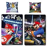 Kinder-Wende-Bettwäsche Super Mario Kart Biber / Flanell 135 x 200cm...